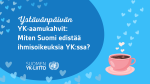 YK-aamukahvit Miten Suomi edistää ihmisoikeuksia YK:ssa? Sinisellä taustalla sydämiä ja kahvikuppi