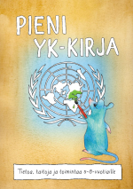 Piirroskuva hiirestä, joka maalaa YK:n logoa vihreäksi maalilla. Selkä katsojaan päin. Pienen YK-tehtäväkirjan kuvituskuva.