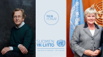 Martti Koskenniemi  vasemmalla, Elisabeth Rehn YK:n lipun edessä oikealla, keskellä YK-liiton ja YK:n ystävien logot
