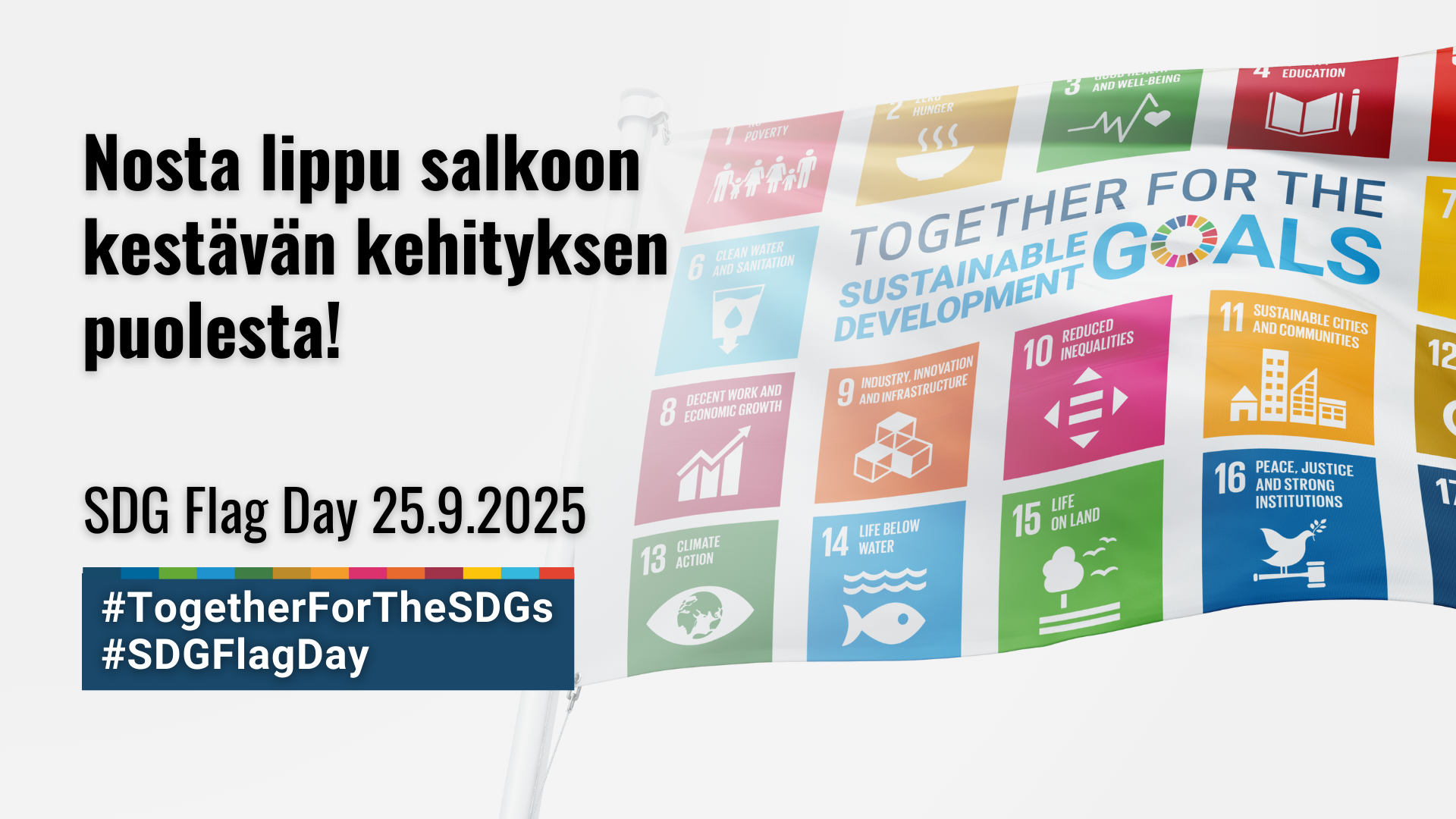 Nosta lippu salkoon kestävän kehityksen puolesta! SDG Flag Day 25.9.2025 #TogetherForTheSDGs #SDGFlagDay valkoinen tausta ja kestävän kehityksen ikoneita kuvaava lippu