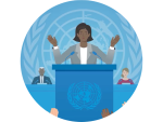 Animaatiokuva jakkupukuisesta puheenjohtajasta, joka seisoo YK:n puhepöntössä. Kuvan alareunassa aplodeja antavat kädet.
