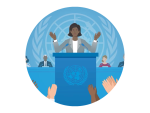 Animaatiokuva jakkupukuisesta puheenjohtajasta, joka seisoo YK:n puhepöntössä. Kuvan alareunassa aplodeja antavat kädet.