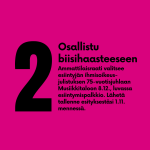 Kaksi: Ammattilaisraati valitsee esiintyjän ihmisoikeus-julistuksen 75-vuotisjuhlaan Musiikkitaloon 8.12., luvassa esiintymispalkkio. Lähetä tallenne esityksestäsi 1.11. mennessä.
