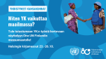 Miten YK vaikuttaa maailmassa? Tule tutustumaan YK:n työstä kertovaan näyttelyyn One UN Finlandin messuosastolle, Helsingin kirjamessu 23.-26.10. kuvassa rauhanturvaajanainen kättelee äitiä