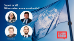 YK:n lippu taustalla, kuvat puhujista: Helena Laukko, Petteri Taalas ja Helena Ranta sekä ulkoministeriön logo, edustaja vahvistuu myöhemmin