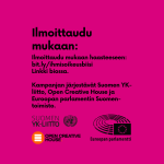 Suomen YK-liiton Open Creative Housen ja Euroopan parlamentin logot sekä ilmoittautumisohjeet, jotka on jo mainittu tapahtuman tekstissä