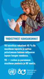 YK toimittaa rokotteet 45 prosentille maailman lapsista ja auttaa pelastamaan kolmen miljoonan lapsen hengen vuodessa. kuvassa rokotetaan tyttöä olkavarteen
