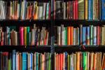 Kirjahylly täynnä värikkäitä kirjoja. Kirjoista näkyvissä selkä.