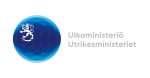 Ulkoministeriön logo, jossa sinisen ympyrän sisällä suomileijona